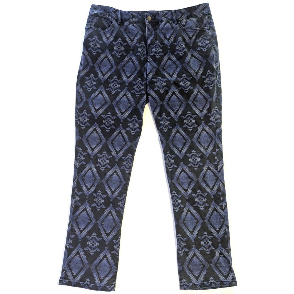 Chaps Denim Men's Blue Black Southwestern Diamond Print Straight Leg Jeans 36x31